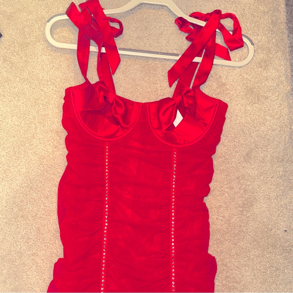 NWT red Victoria’s Secret sheer dress with bow tie straps and rhinestones!